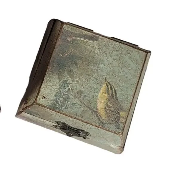 Vintage Wood Trinket Box Song Bird Print Distressed Dresser Keepsake Hinged Lid - Picture 5 of 9